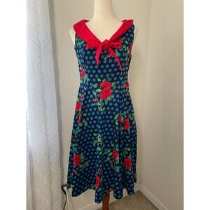Hearts & Roses Rockabilly Dress Size 8 Blue Polka Dot Rose Print Retro Pinup